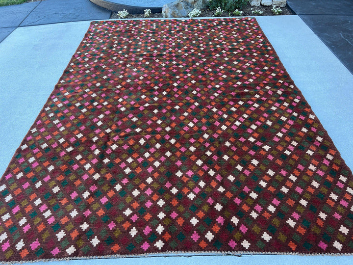 7x10 (210x322) Handmade Vintage Baluch Afghan Rug Mauve Purple Pine Green Rose Pink Ivory Burnt Orange Crimson Red Olive Moss Green Wool