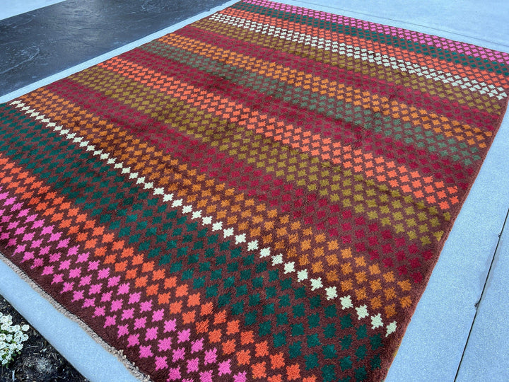 7x9 ~ 7x10 Handmade Vintage Baluch Afghan Rug | Purple Mauve Auburn Pine Green Coral Orange Olive Pine Green Rose Pink Crimson Red Ivory