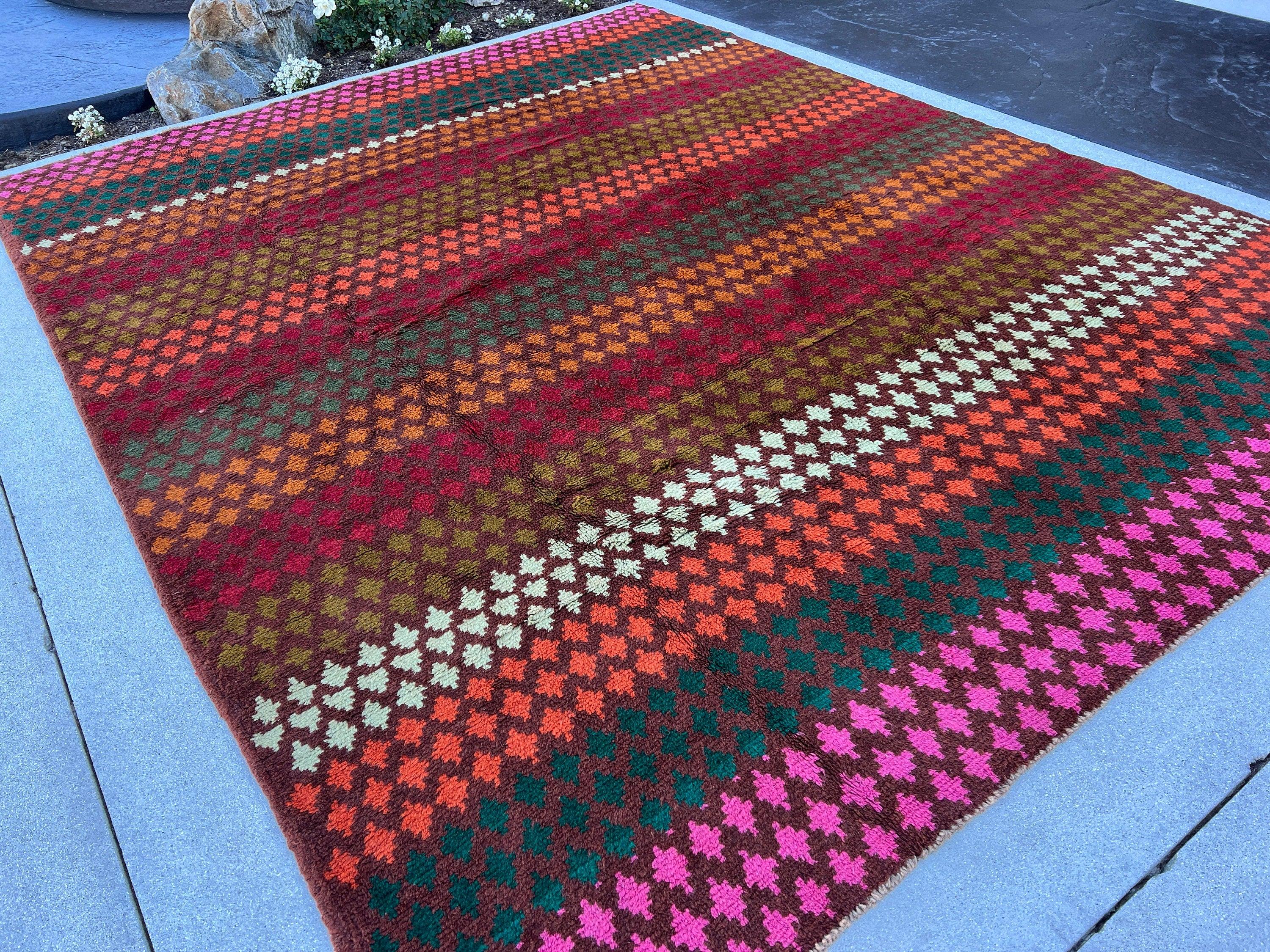 7x9 ~ 7x10 Handmade Vintage Baluch Afghan Rug | Purple Mauve Auburn Pine Green Coral Orange Olive Pine Green Rose Pink Crimson Red Ivory