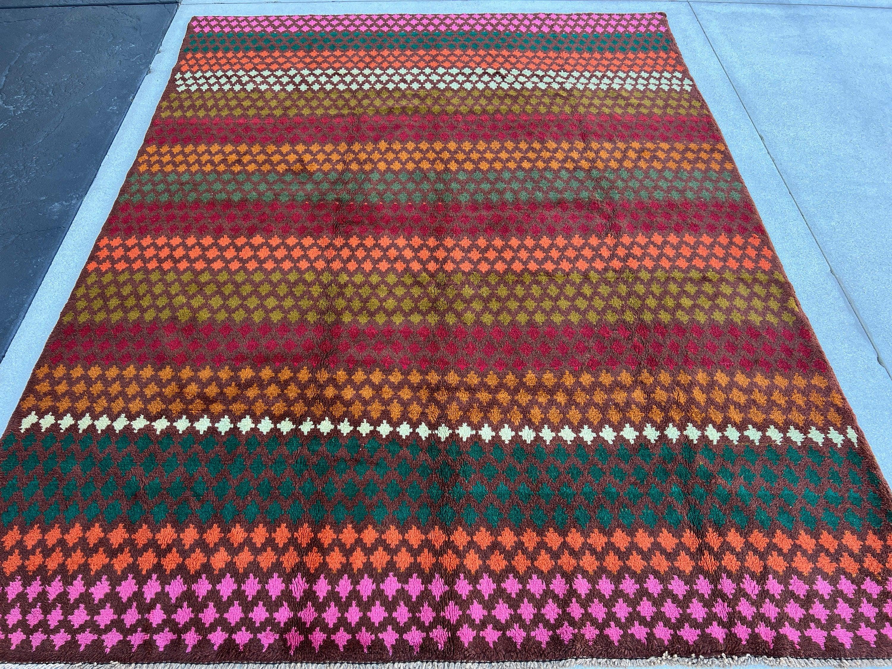 7x9 ~ 7x10 Handmade Vintage Baluch Afghan Rug | Purple Mauve Auburn Pine Green Coral Orange Olive Pine Green Rose Pink Crimson Red Ivory