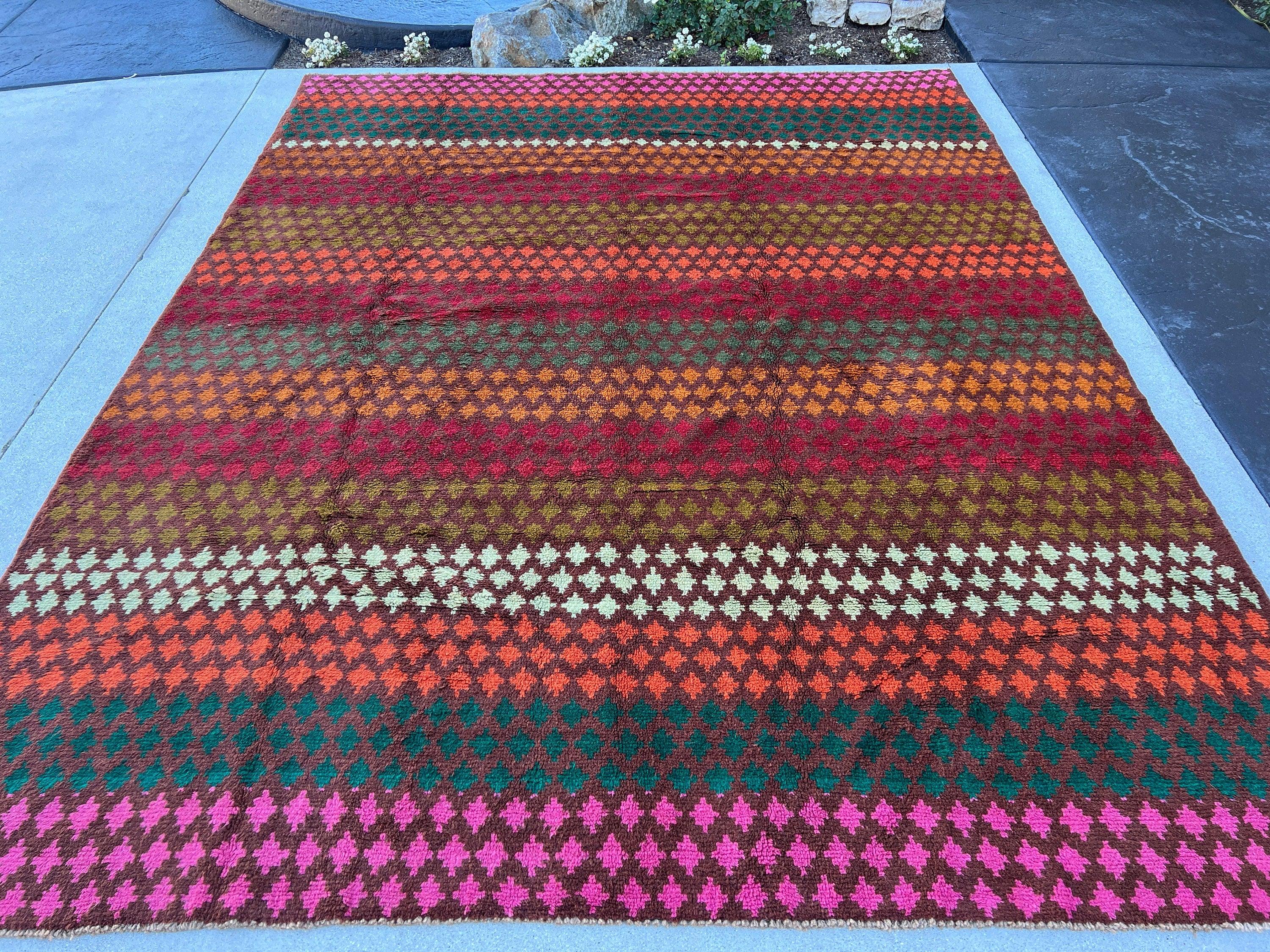 7x9 ~ 7x10 Handmade Vintage Baluch Afghan Rug | Purple Mauve Auburn Pine Green Coral Orange Olive Pine Green Rose Pink Crimson Red Ivory