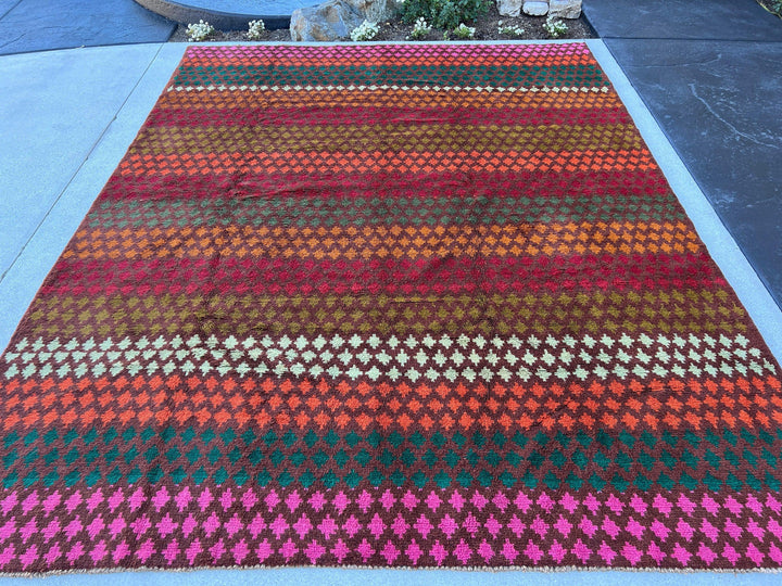 7x9 ~ 7x10 Handmade Vintage Baluch Afghan Rug | Purple Mauve Auburn Pine Green Coral Orange Olive Pine Green Rose Pink Crimson Red Ivory