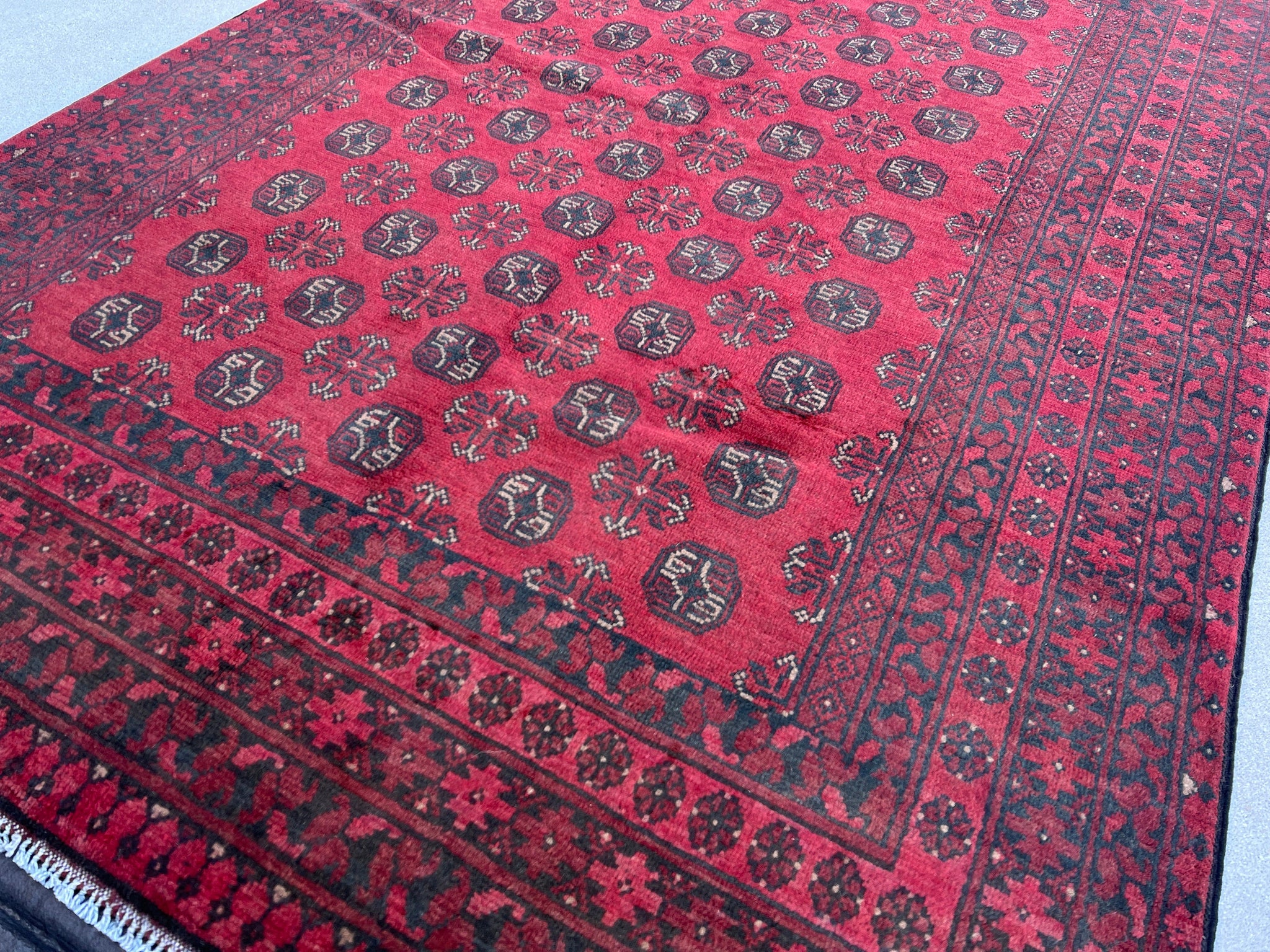 6x8 (180x245) Handmade Afghan Rug | Blood Red Black Beige | Hand Knotted Floral Persian Turkish Oriental Bohemian Wool