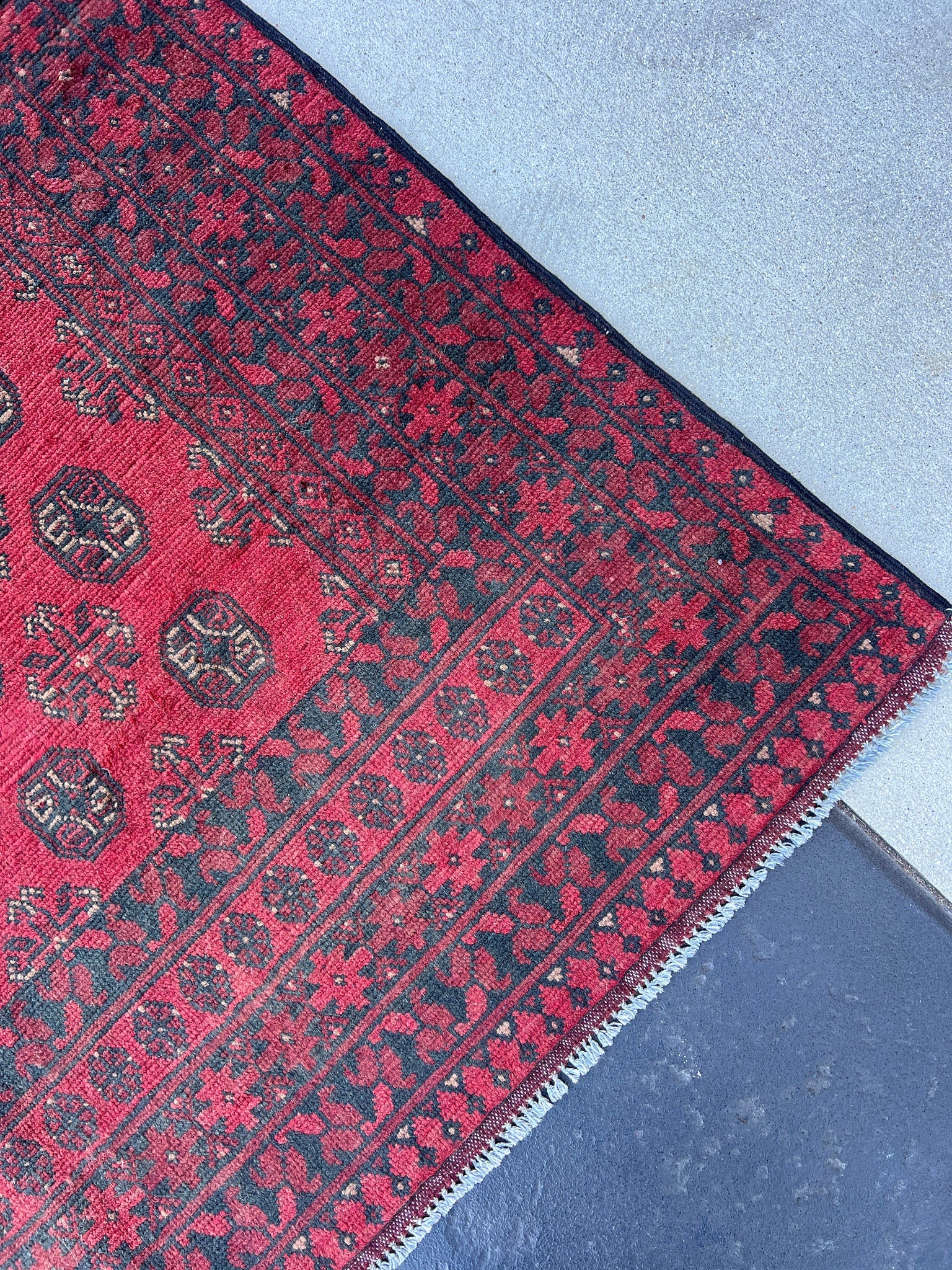 6x8 (180x245) Handmade Afghan Rug | Blood Red Black Beige | Hand Knotted Floral Persian Turkish Oriental Bohemian Wool