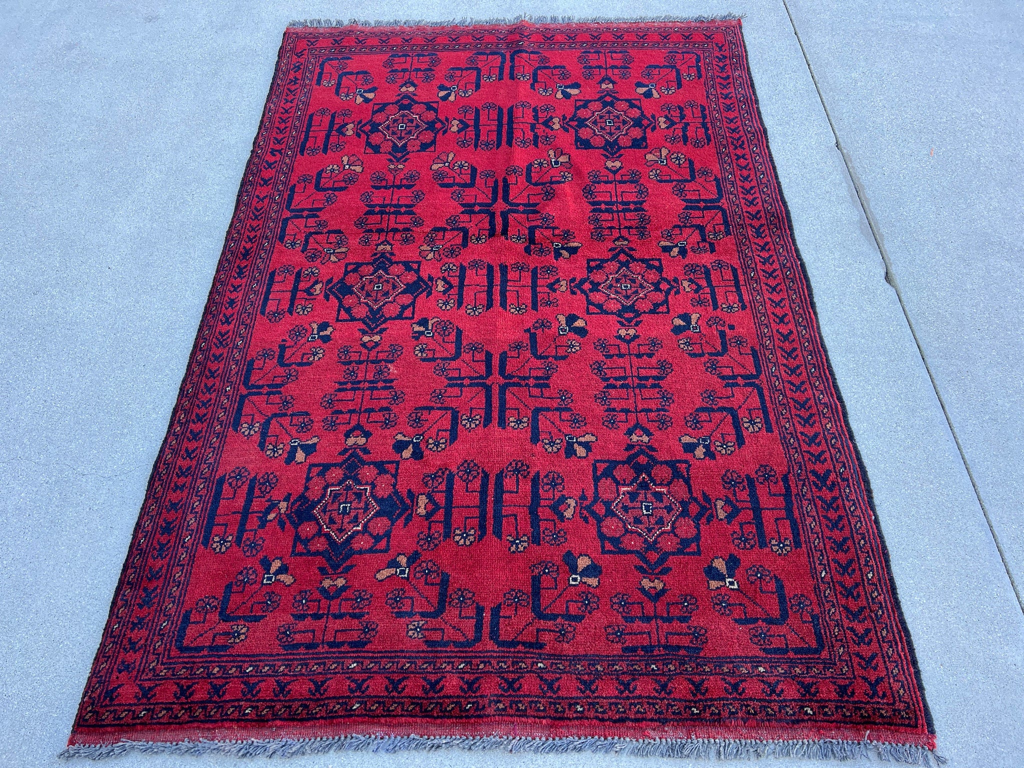 4x5 (150x120) Handmade Afghan Rug | Cherry Red Indigo Brown Midnight Blue Black | Hand Knotted Turkish Wool Bohemian Floral Persian