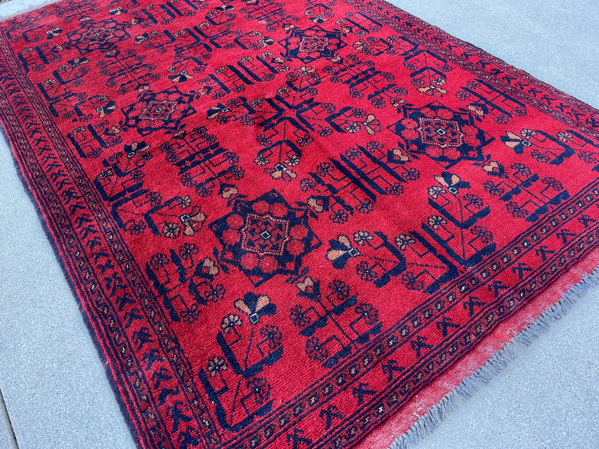 4x5 (150x120) Handmade Afghan Rug | Cherry Red Indigo Brown Midnight Blue Black | Hand Knotted Turkish Wool Bohemian Floral Persian