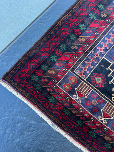 3x5 (100x180) Handmade Vintage Baluch Afghan Rug | Red Indigo Black Caramel Chocolate Brown Ivory Beige Green Blue | Hand Knotted Wool