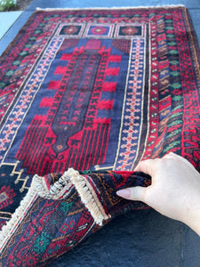 3x5 (100x180) Handmade Vintage Baluch Afghan Rug | Red Indigo Black Caramel Chocolate Brown Ivory Beige Green Blue | Hand Knotted Wool