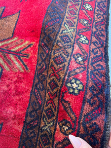 3x5 (100x180) Handmade Vintage Baluch Afghan Rug | Cherry Crimson Red Mint Green Chocolate Mocha Brown Coral Orange Midnight Blue Geometric