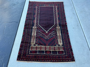 3x5 (100x180) Handmade Vintage Baluch Afghan Rug | Blood Red Cream Beige Crimson Red | Hand Knotted Prayer Rug Persian Turkish Bohemian Wool