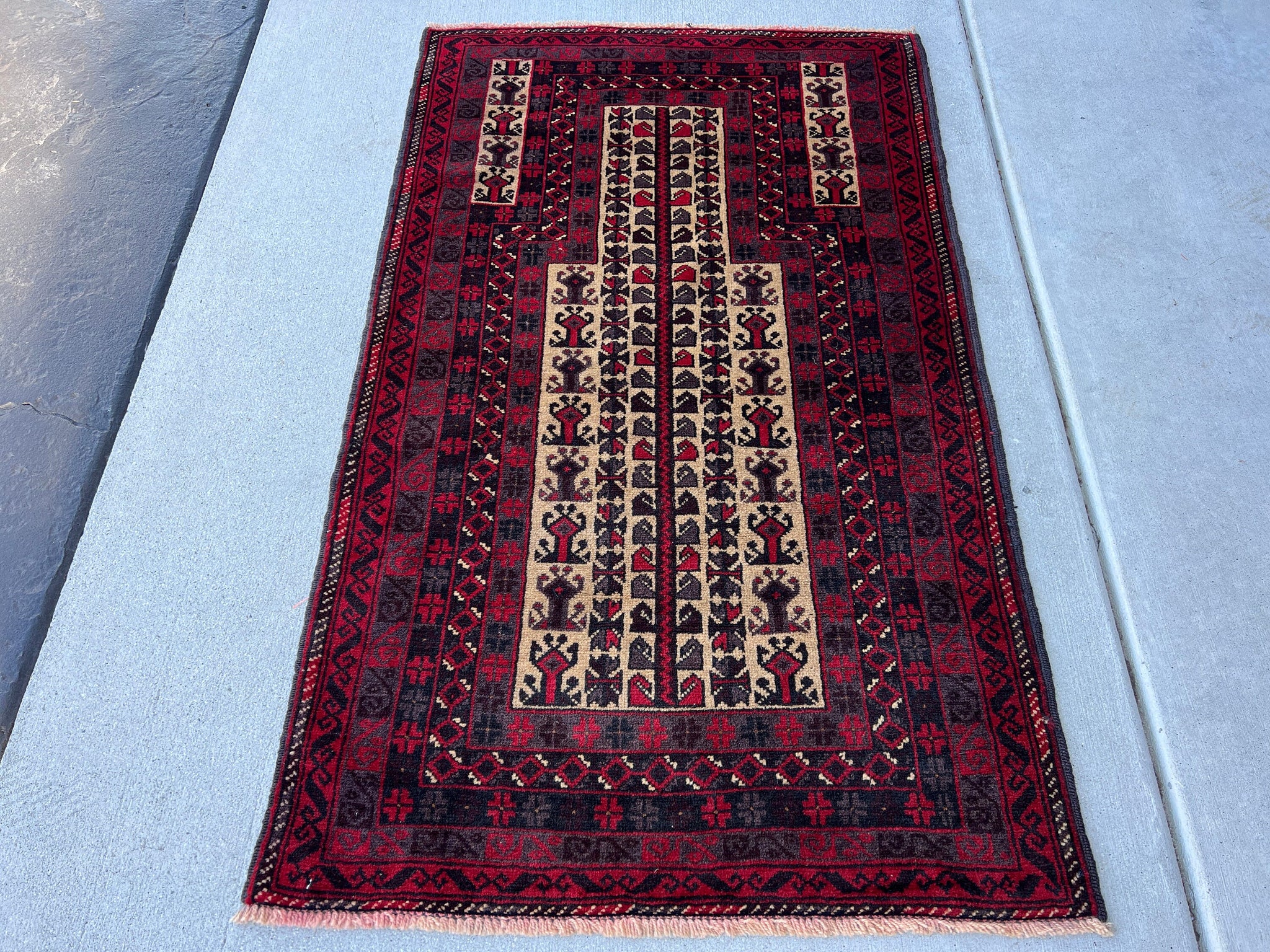 3x5 (100x180) Handmade Vintage Baluch Afghan Rug | Blood Red Cream Beige Grey Black | Hand Knotted Prayer Rug Persian Turkish Bohemian Wool