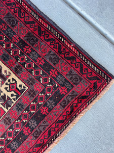3x5 (100x180) Handmade Vintage Baluch Afghan Rug | Blood Red Cream Beige Grey Black | Hand Knotted Prayer Rug Persian Turkish Bohemian Wool
