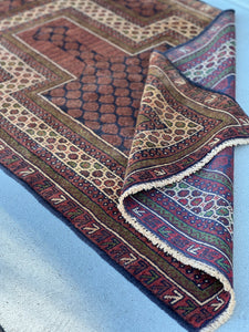 3x5 (100x180) Handmade Vintage Baluch Afghan Rug | Chocolate Brown Black Moss Green Cream Beige | Hand Knotted Oriental Geometric Wool