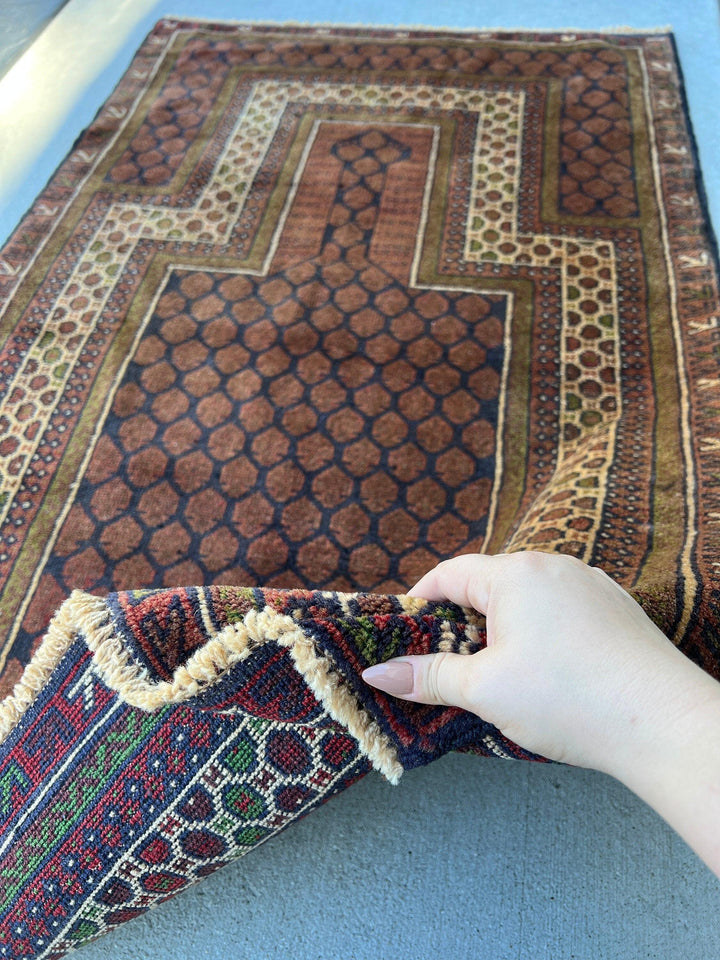 3x5 (100x180) Handmade Vintage Baluch Afghan Rug | Chocolate Brown Black Moss Green Cream Beige | Hand Knotted Oriental Geometric Wool