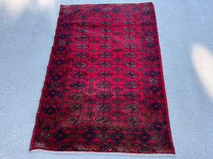 3x4 (90x120) Handmade Vintage Afghan Rug | Blood Red Black Cream Beige Hand Knotted Oriental Turkish Wool Persian Bohemian
