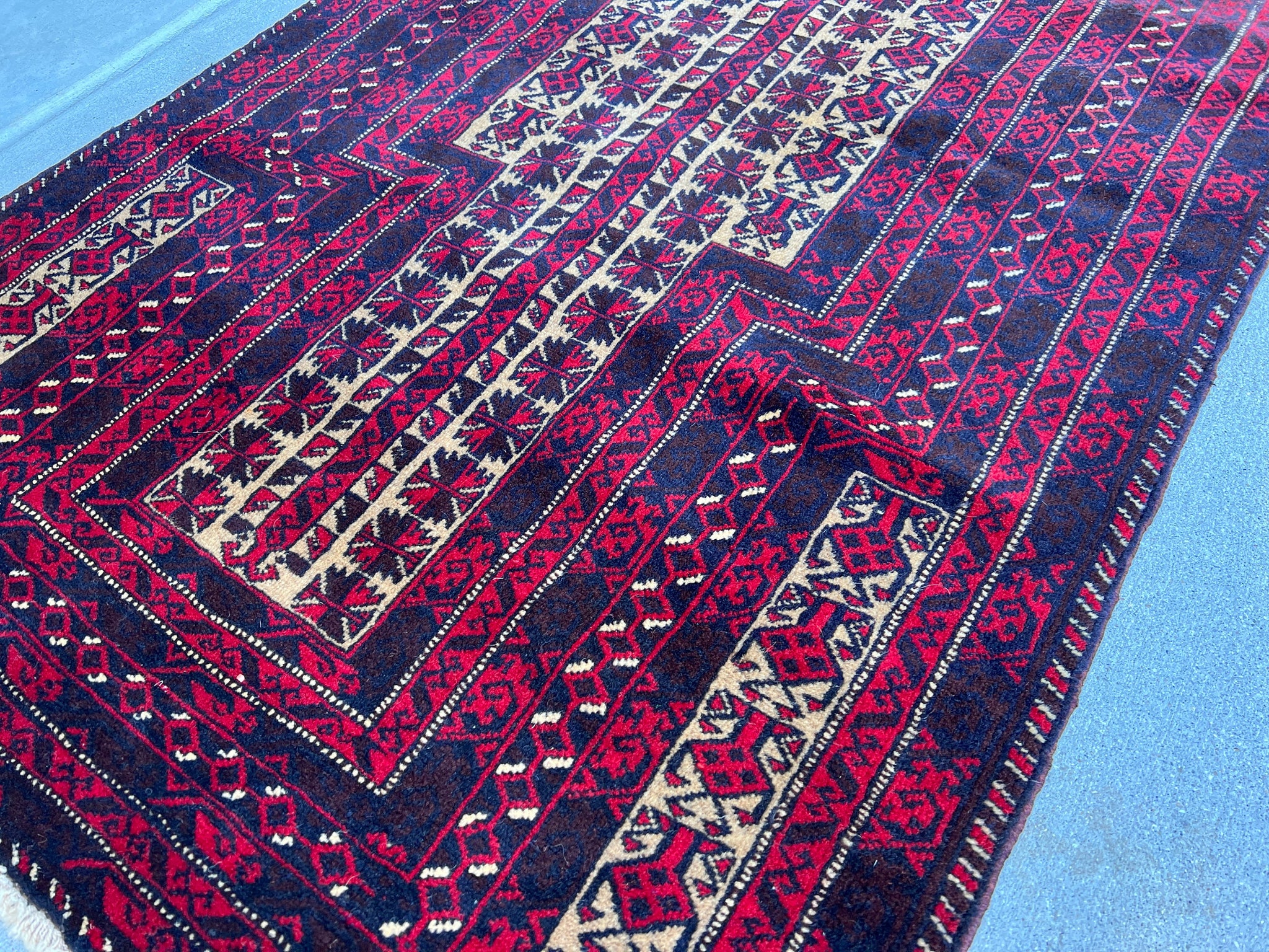 3x5 (100x180) Handmade Vintage Baluch Afghan Rug Blood Red Black Cream Beige Hand Knotted Oriental Turkish Wool Persian Bohemian /Geometric