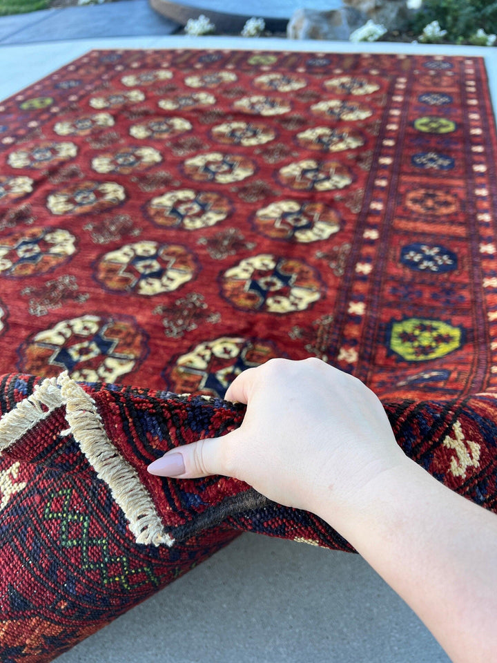 7x10 (210x322) Fair Trade Handmade Afghan Rug | Blood Red Midnight Blue Olive Green Burnt Orange Ivory | Hand Knotted Wool Turkmen Turkoman