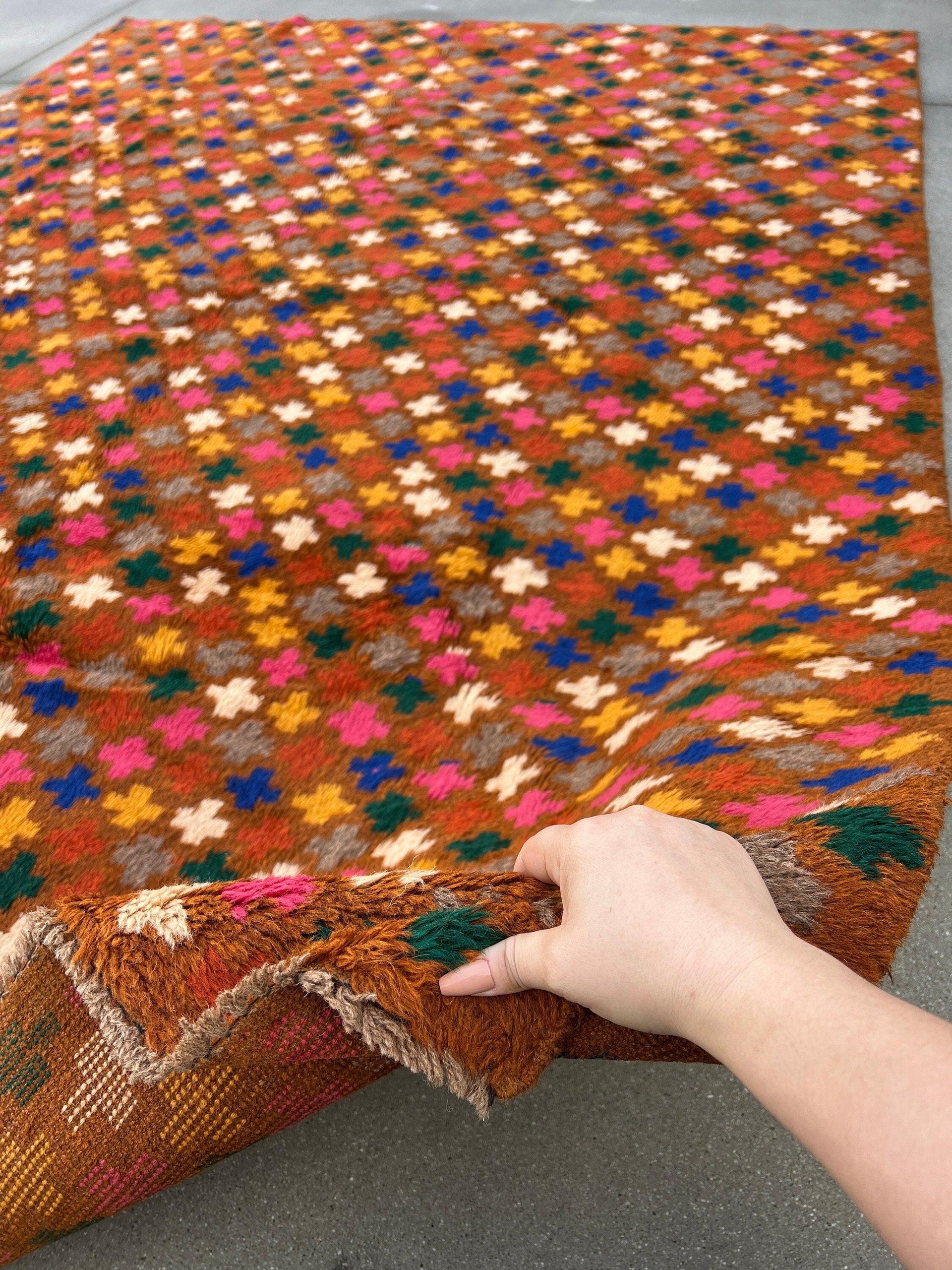 7x10 (215x305) Handmade Vintage Baluch Afghan Rug | Mustard Yellow Caramel Pine Green Grey Ivory Mahogany Blush Pink Blue | Wool Boho Knots