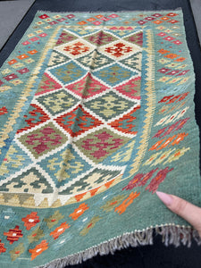 4x5 (150x120) Handmade Afghan Kilim Rug | Mint Green Burnt Orange Teal Brick Red Olive Moss Green Ivory Cornsilk Fuchsia Geometric Flatweave