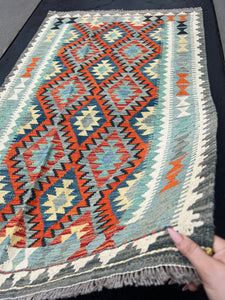 3x6 (90x180) Handmade Afghan Kilim Rug | Teal Orange Denim Baby Sky Blue Cornsilk Yellow Cream Beige Black | Geometric Wool Flatweave Wool