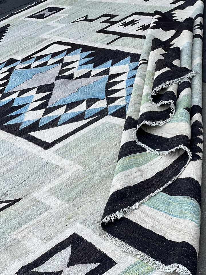 10x14 (305x425) Handmade Afghan Kilim Rug | Mint Green Black Ivory Denim Blue Olive Green Grey Teal | Hand Knotted Oriental Turkish Wool