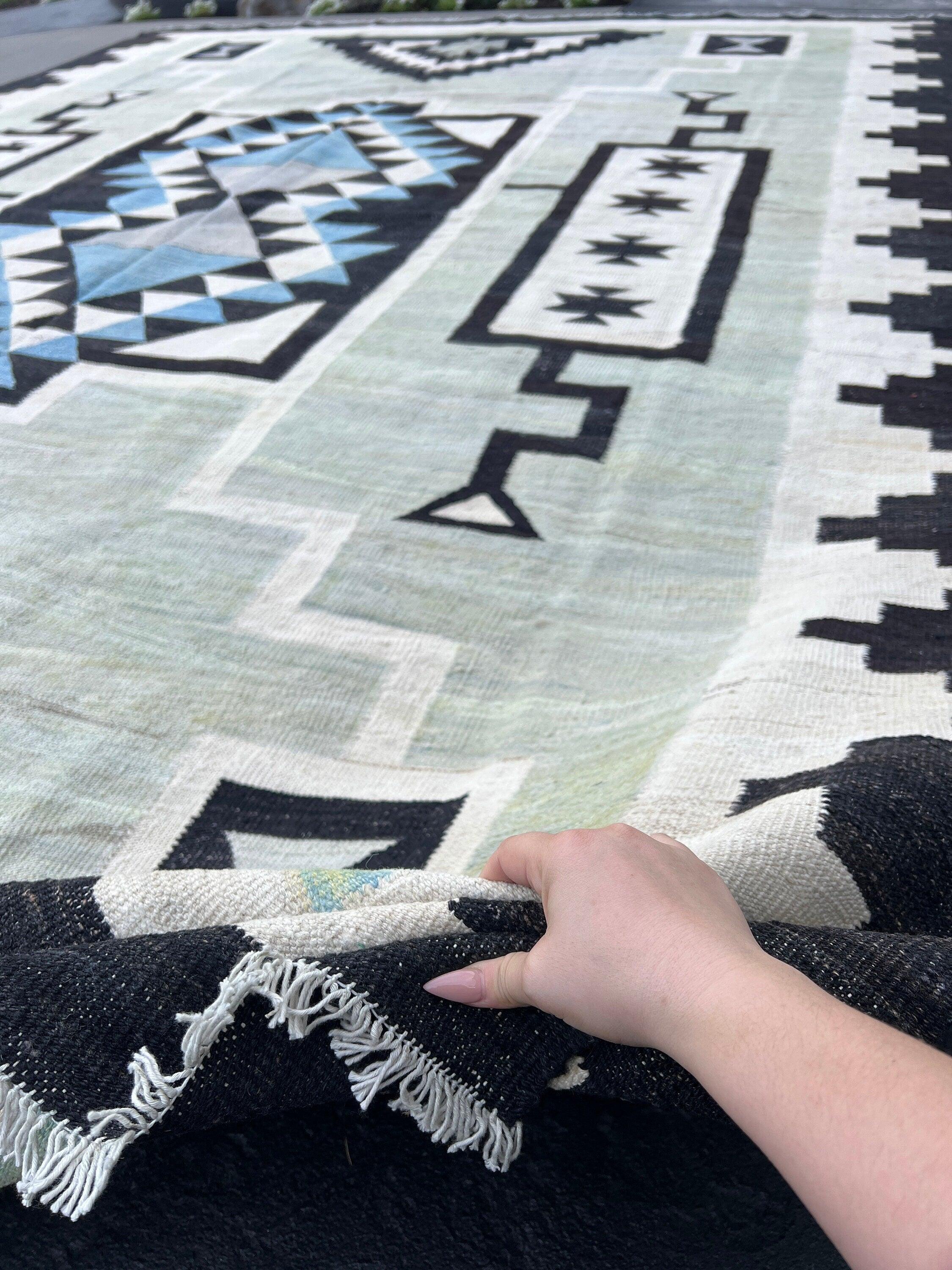 10x14 (305x425) Handmade Afghan Kilim Rug | Mint Green Black Ivory Denim Blue Olive Green Grey Teal | Hand Knotted Oriental Turkish Wool