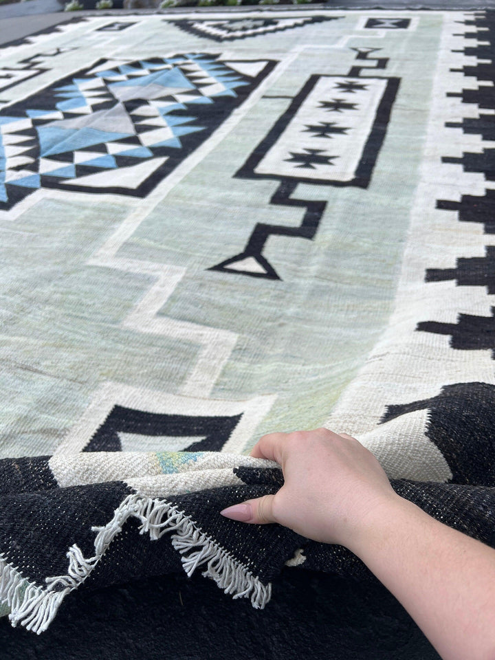 10x14 (305x425) Handmade Afghan Kilim Rug | Mint Green Black Ivory Denim Blue Olive Green Grey Teal | Hand Knotted Oriental Turkish Wool