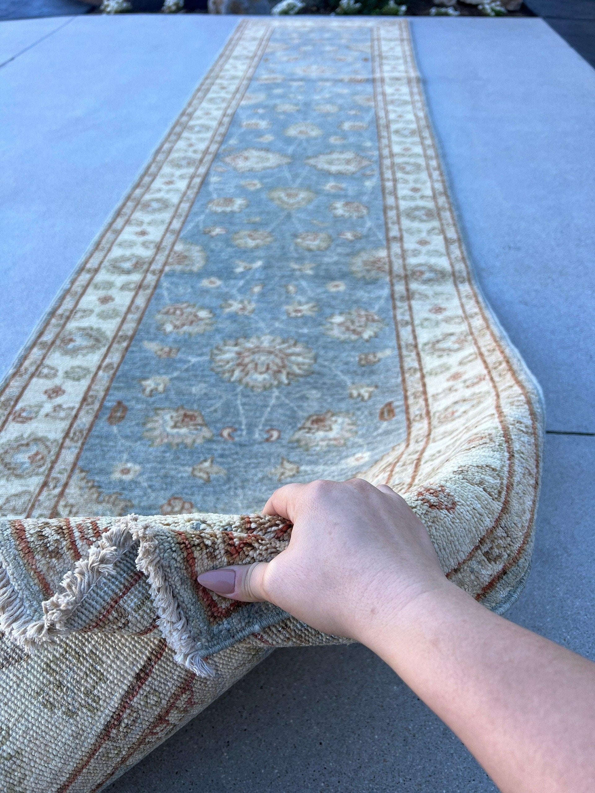 3x12 (90x365) Fair Trade Handmade Afghan Runner Rug | Dark Cool Grey Rust Umber Brown Sage Green Cream Ivory | Hand Knotted Wool Floral Boho