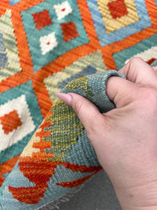 3x5~4x5 Handmade Afghan Kilim Rug | Turquoise Teal Coral Burnt Orange Ivory Olive Green | Hand Knotted Geometric Wool Bohemian Flatweave