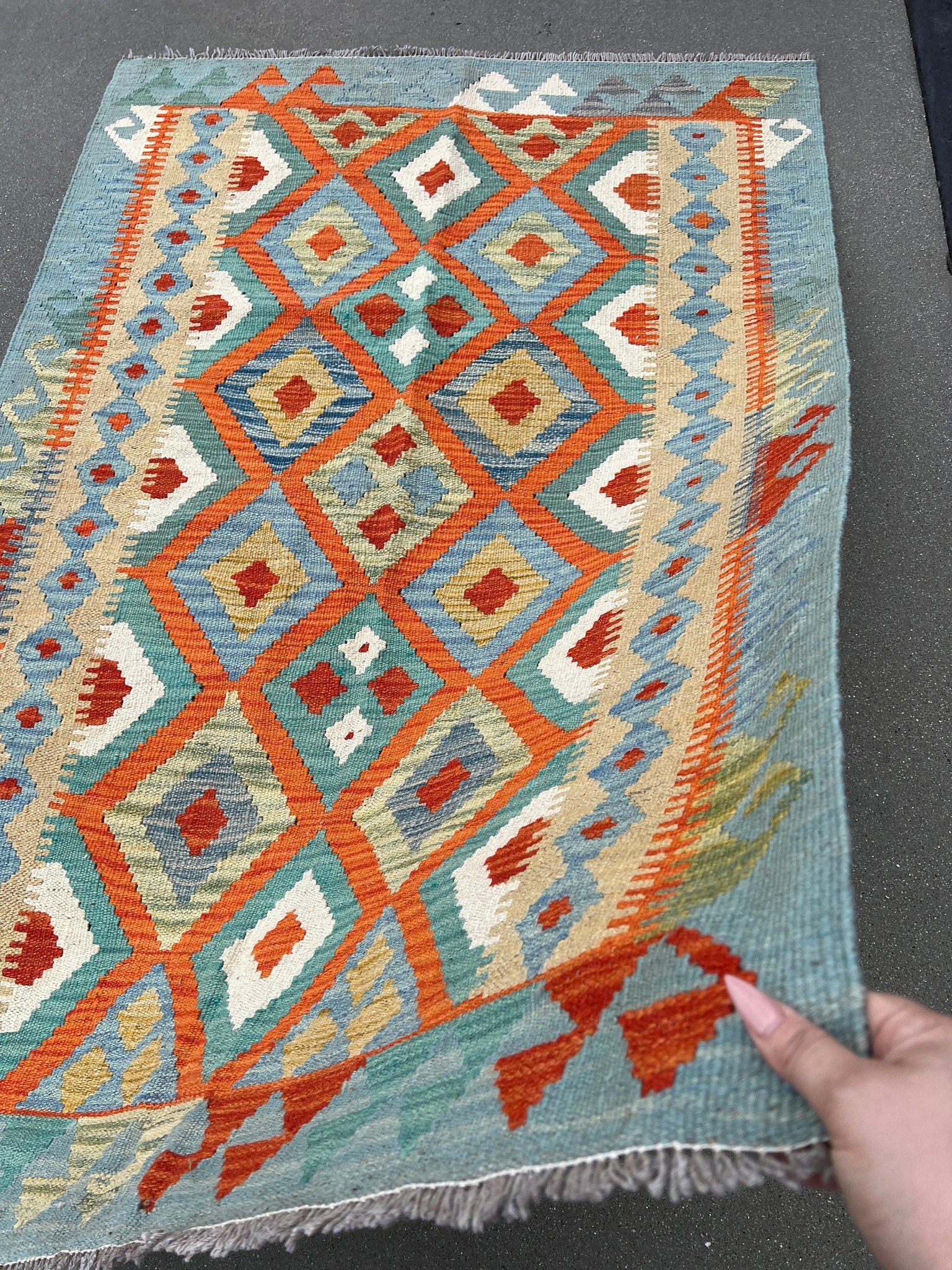 3x5~4x5 Handmade Afghan Kilim Rug | Turquoise Teal Coral Burnt Orange Ivory Olive Green | Hand Knotted Geometric Wool Bohemian Flatweave