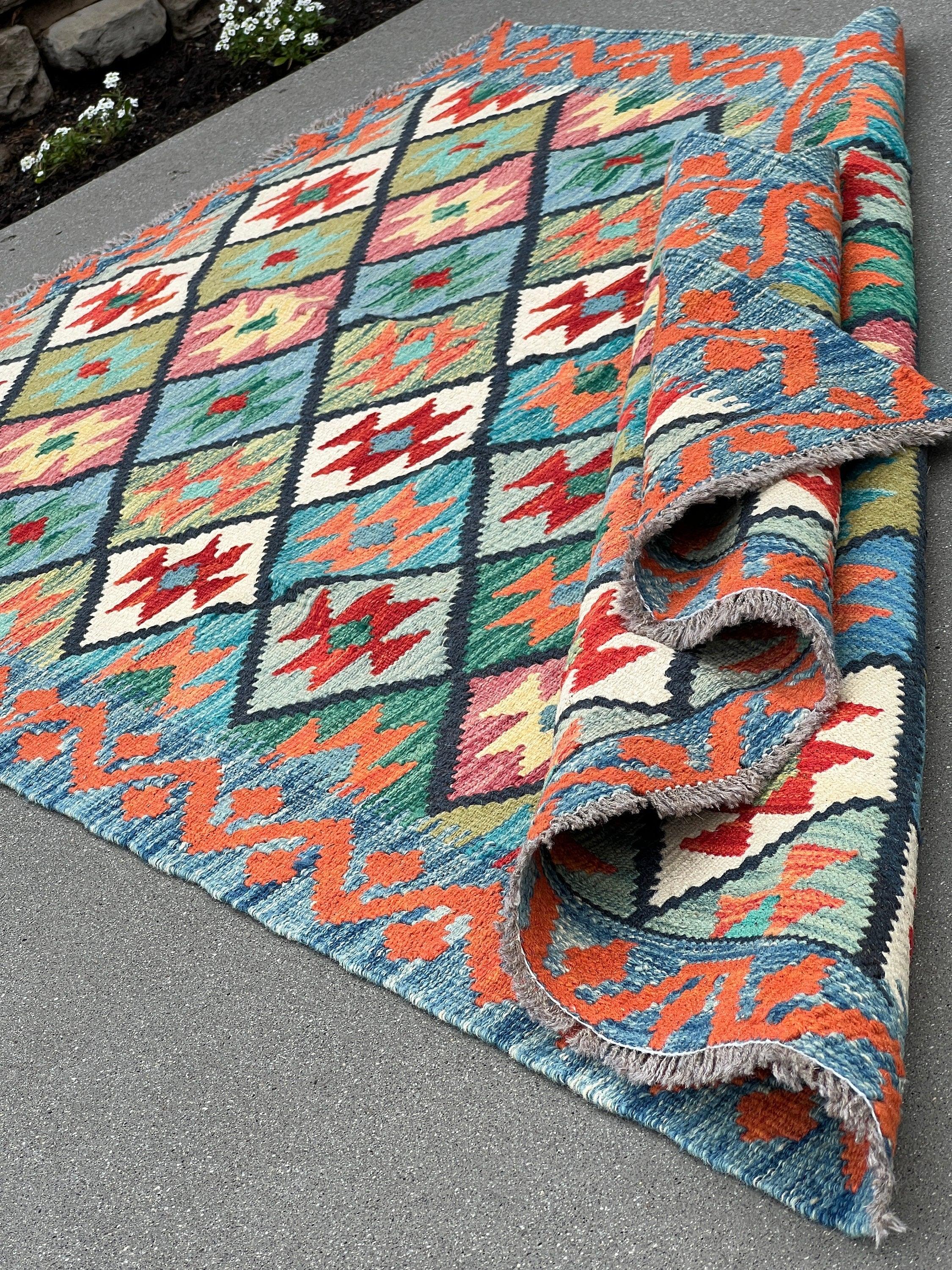 4x6 (120x185) Handmade Afghan Kilim Rug | Teal Burnt Orange Pink Moss Green Cream Mustard Yellow Blood Orange Forest Green | Geometric