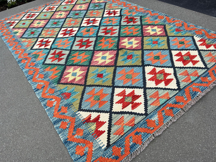 4x6 (120x185) Handmade Afghan Kilim Rug | Teal Burnt Orange Pink Moss Green Cream Mustard Yellow Blood Orange Forest Green | Geometric