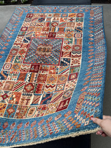 5x8 (150x245) Fair Trade Handmade Afghan Rug | Midnight Blue Chocolate Mocha Blood Red Cream Beige Forest Green Denim Blue Hand Knotted Wool