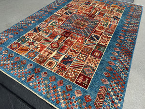5x8 (150x245) Fair Trade Handmade Afghan Rug | Midnight Blue Chocolate Mocha Blood Red Cream Beige Forest Green Denim Blue Hand Knotted Wool