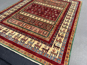 5x7 (150x215) Handmade Afghan Rug | Crimson Red Cream Beige Ivory Chocolate Forest Green Midnight Blue Teal Sky Blue Mocha Wool Gabbeh Boho