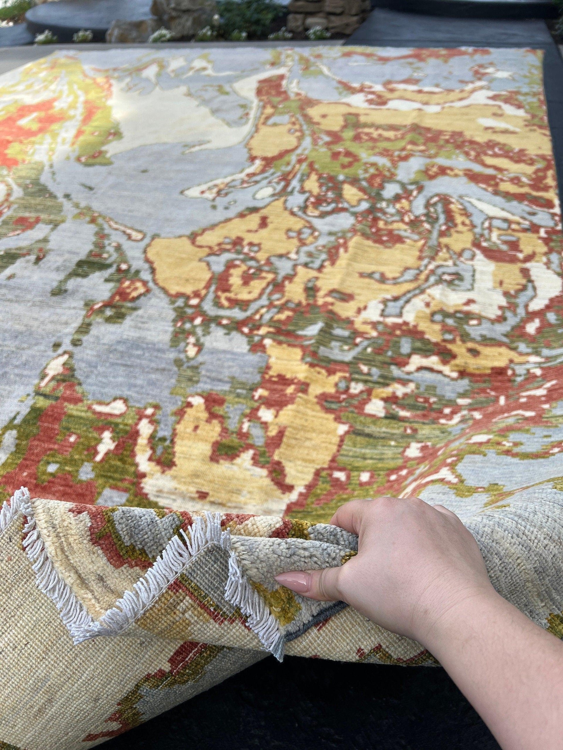 10x13 Fair Trade Handmade Afghan Rug | Grey Mustard Cream Ivory Moss Green Olive Green Brick Red | Hand Knotted Wool Handwoven Transitional