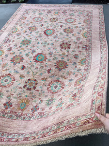 7x10 (215x305) Fair Trade Handmade Afghan Rug | Blush Pink Mauve Turquoise Teal Chocolate Crimson Red Chocolate Cream Hand Knotted Wool