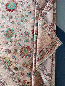 7x10 (215x305) Fair Trade Handmade Afghan Rug | Blush Pink Mauve Turquoise Teal Chocolate Crimson Red Chocolate Cream Hand Knotted Wool