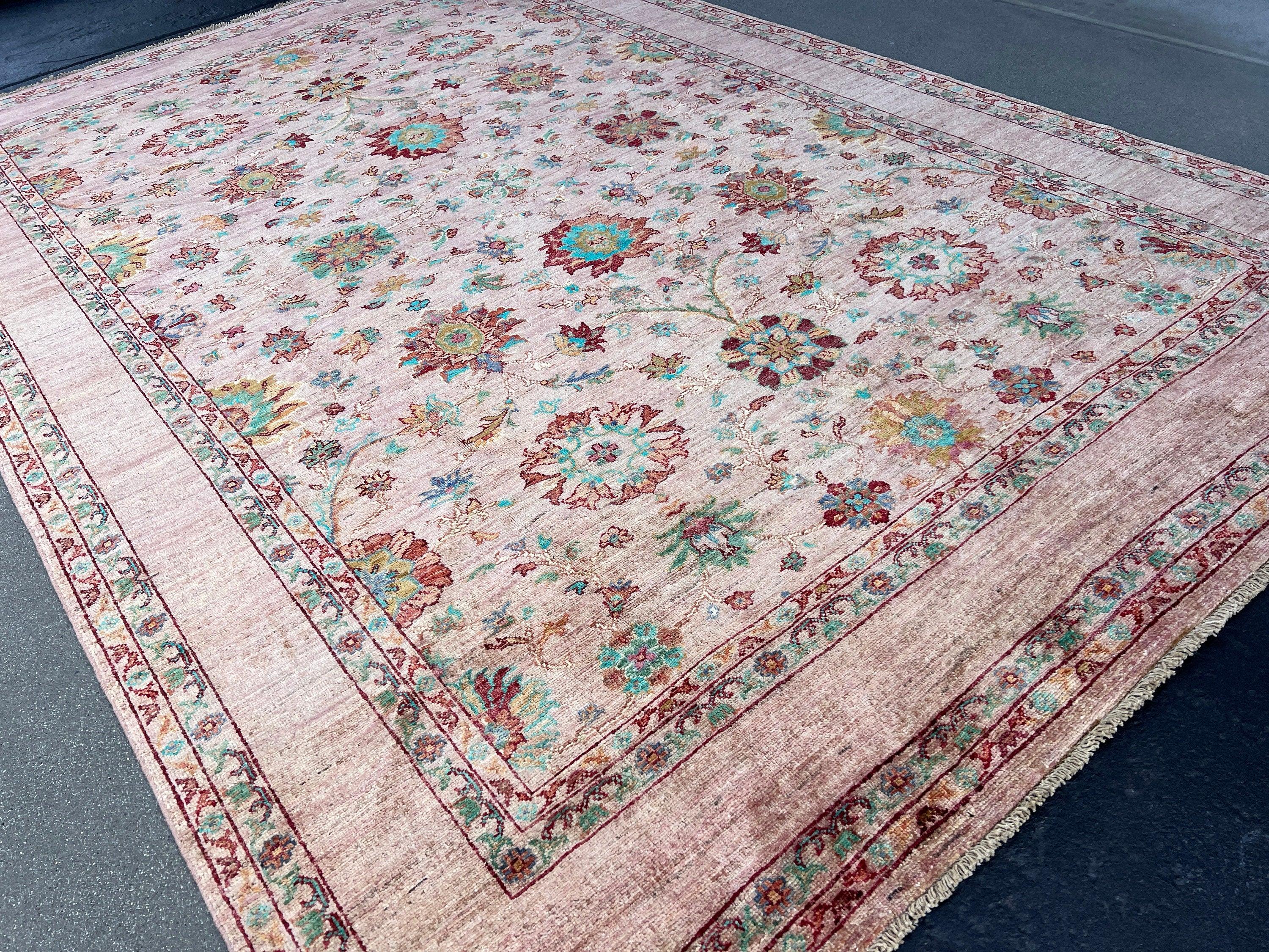 7x10 (215x305) Fair Trade Handmade Afghan Rug | Blush Pink Mauve Turquoise Teal Chocolate Crimson Red Chocolate Cream Hand Knotted Wool