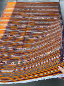 5x7 (150x215) Fair Trade Handmade Afghan Kilim Rug | Orange Ivory Sky Blue Moss Green Mustard Yellow Olive Green Blood Red Black Wool
