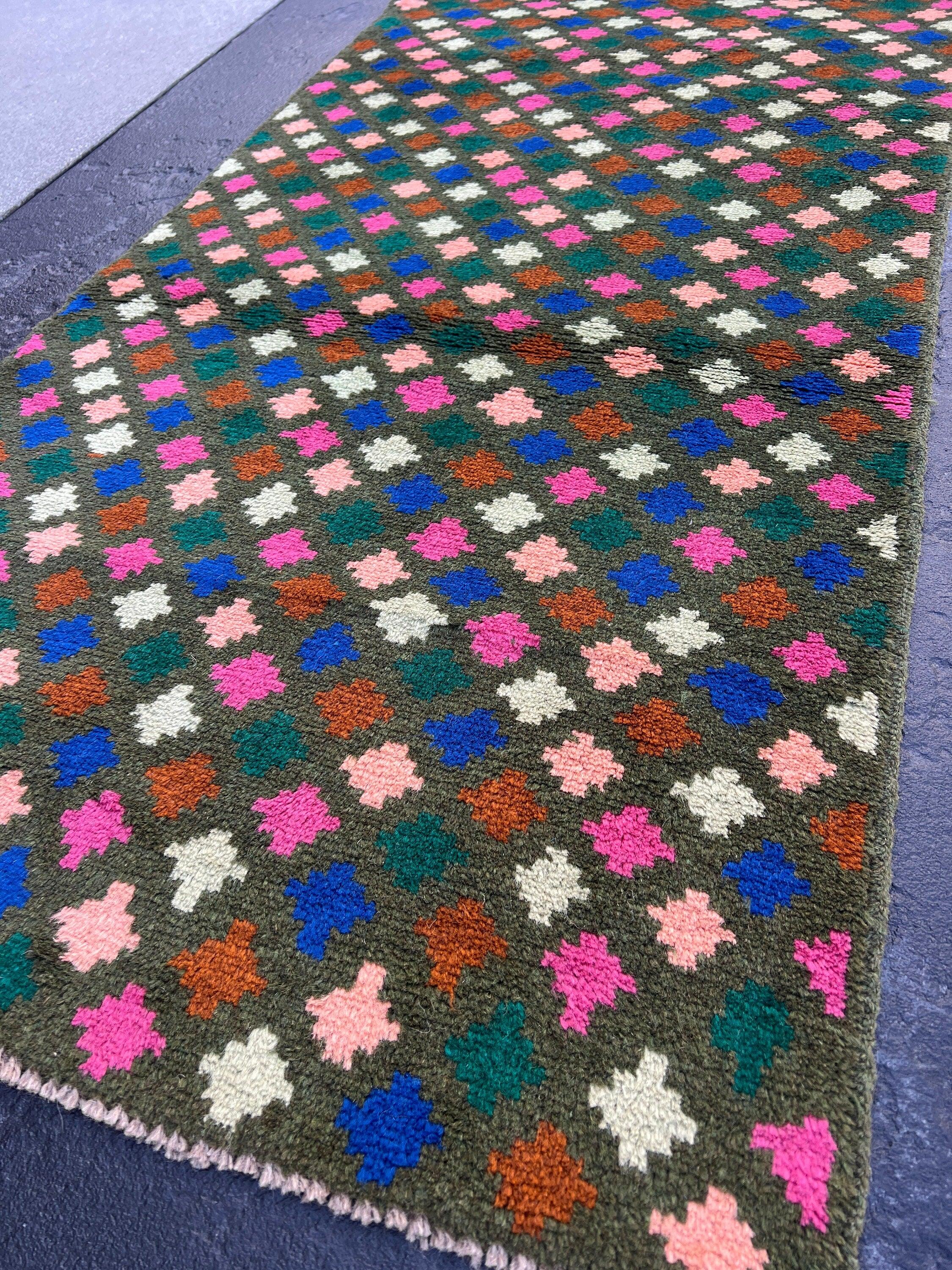 3x10 (90x305) Handmade Vintage Baluch Afghan Runner Rug | Olive Green Rose Pink Chocolate Brown Blush Pink Turquoise Blue Teal Hand Knotted