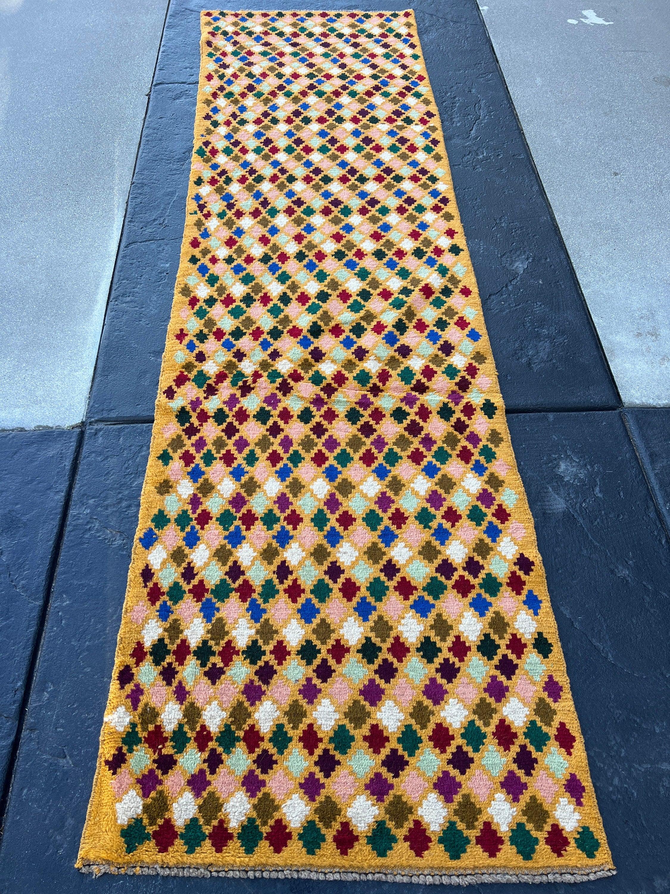 3x10 (90x305) Handmade Vintage Baluch Afghan Runner Rug Mustard Yellow Moss Green Ivory Turquoise Blush Pink Blue Forest Green Purple Maroon