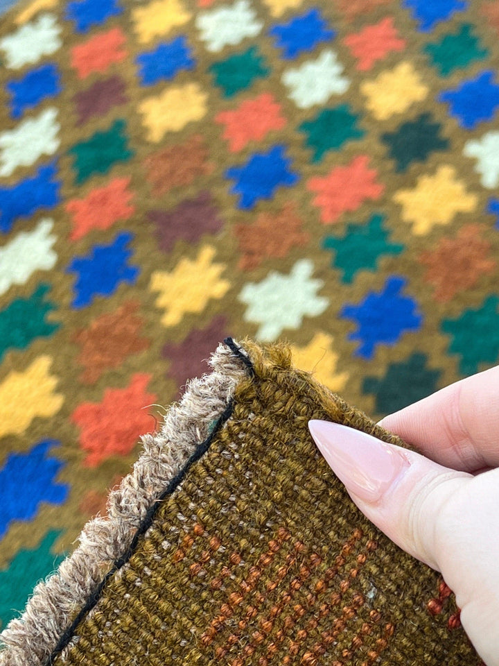 3x9 (90x275) Handmade Vintage Baluch Afghan Runner Rug Hazel Olive Brown Gold Ivory Blue Mustard Forest Green Chocolate Purple Burnt Orange