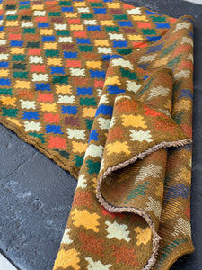 3x9 (90x275) Handmade Vintage Baluch Afghan Runner Rug Hazel Olive Brown Gold Ivory Blue Mustard Forest Green Chocolate Purple Burnt Orange