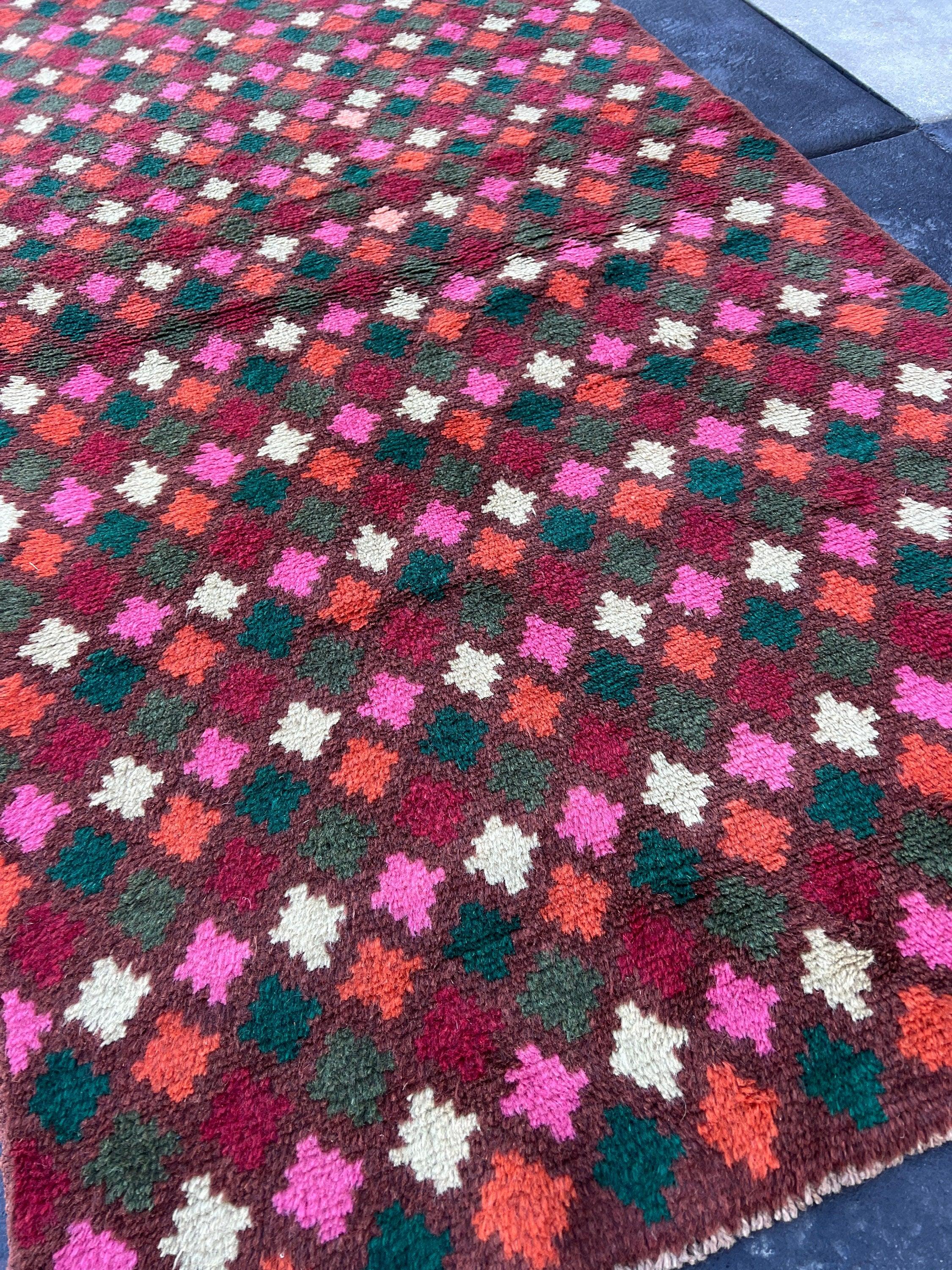 3x10 (90x305) Handmade Vintage Baluch Afghan Runner Rug | Eggplant Purple Pine Green Ivory Rose Pink Moss Green Red Burnt Orange Blush Pink