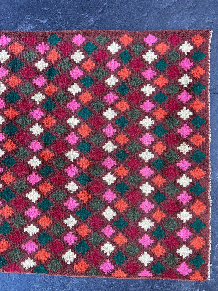 3x10 (90x305) Handmade Vintage Baluch Afghan Runner Rug | Eggplant Purple Pine Green Ivory Rose Pink Moss Green Red Burnt Orange Blush Pink