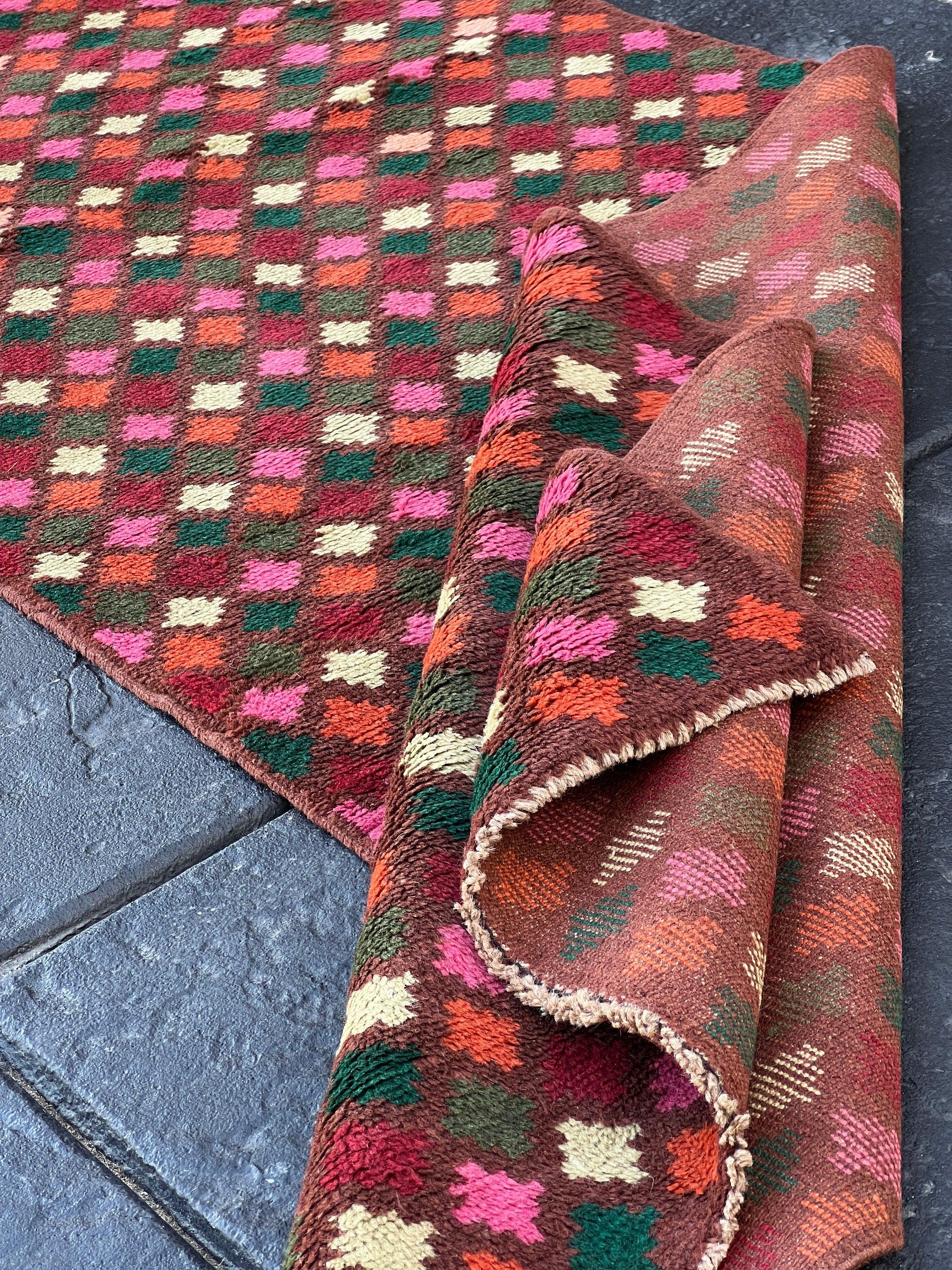 3x10 (90x305) Handmade Vintage Baluch Afghan Runner Rug | Eggplant Purple Pine Green Ivory Rose Pink Moss Green Red Burnt Orange Blush Pink