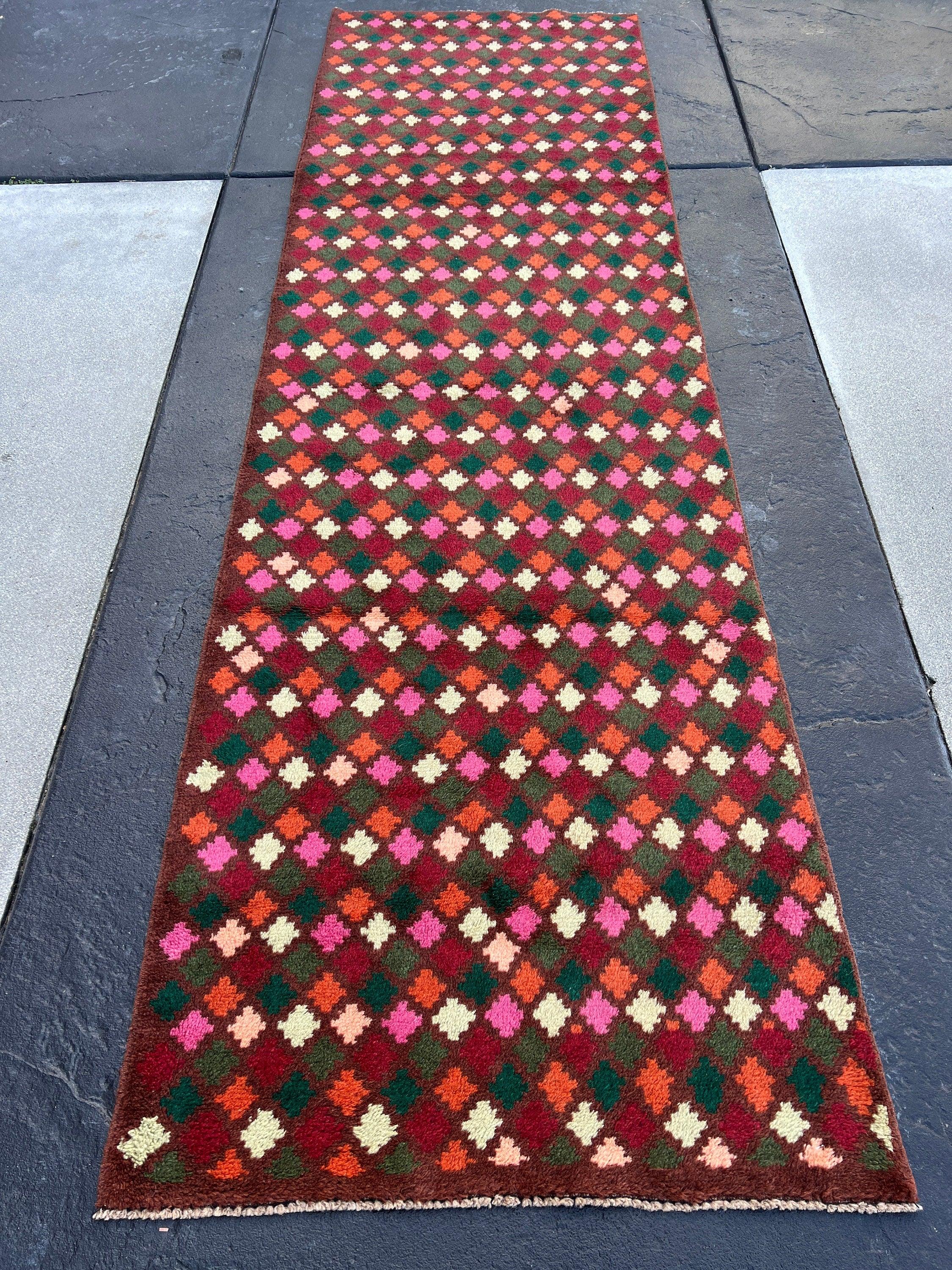 3x10 (90x305) Handmade Vintage Baluch Afghan Runner Rug | Eggplant Purple Pine Green Ivory Rose Pink Moss Green Red Burnt Orange Blush Pink