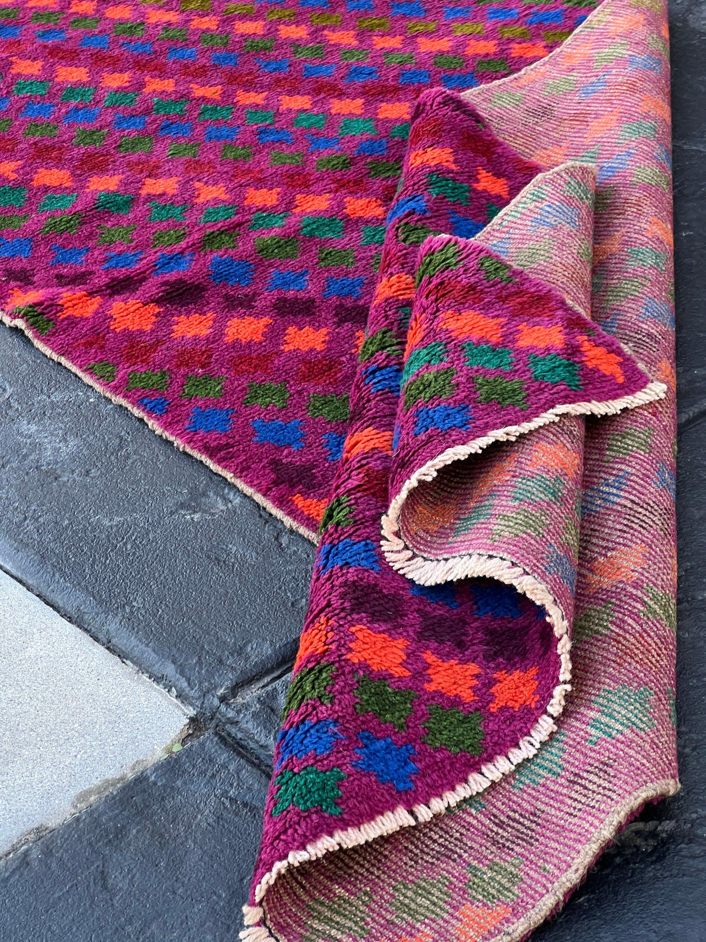 3x10 (90x305) Handmade Vintage Baluch Afghan Runner Rug | Magenta Eggplant Purple Coral Orange Pine Green Teal Blue Blood Red | Geometric