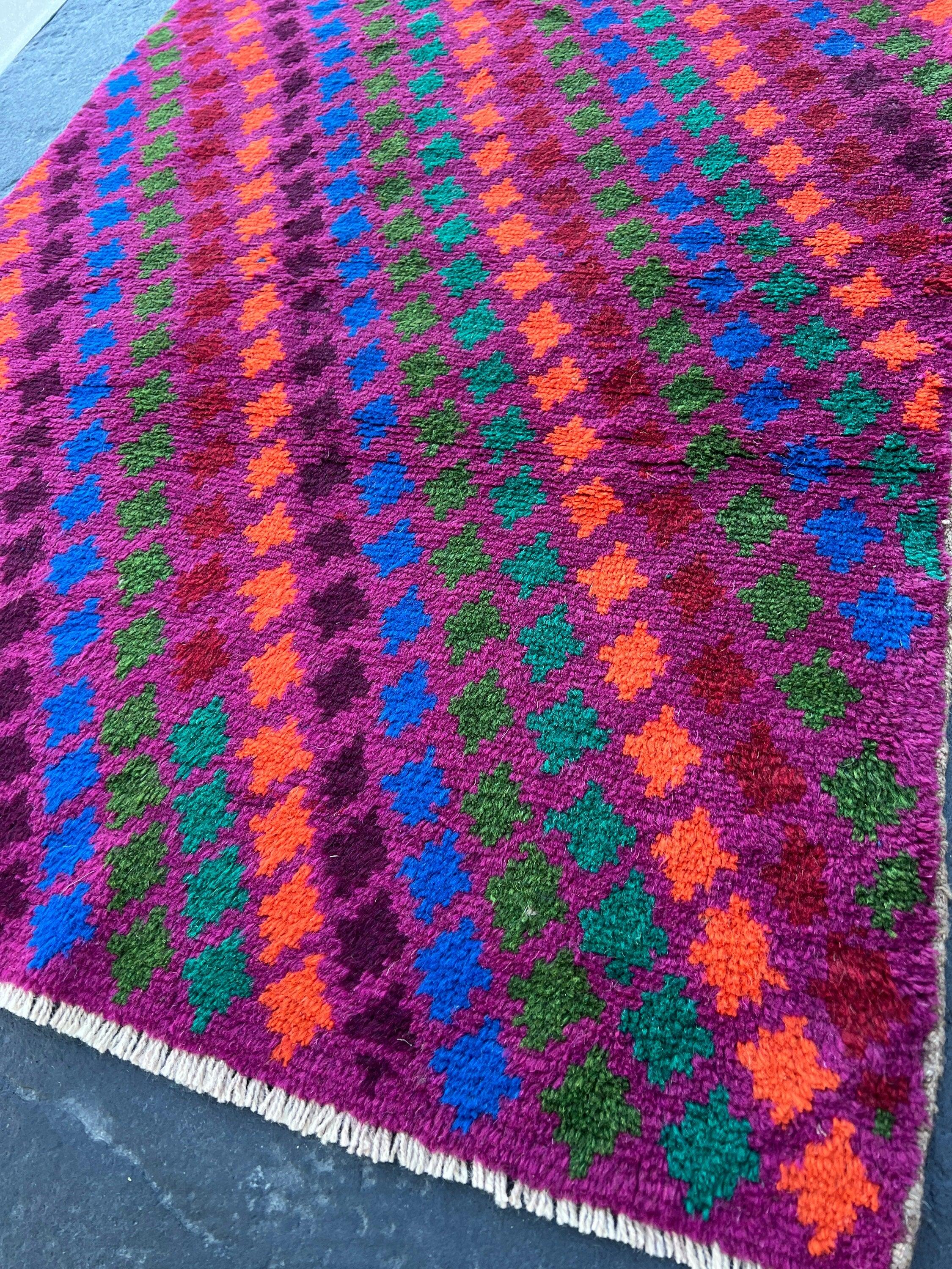 3x10 (90x305) Handmade Vintage Baluch Afghan Runner Rug | Magenta Eggplant Purple Coral Orange Pine Green Teal Blue Blood Red | Geometric